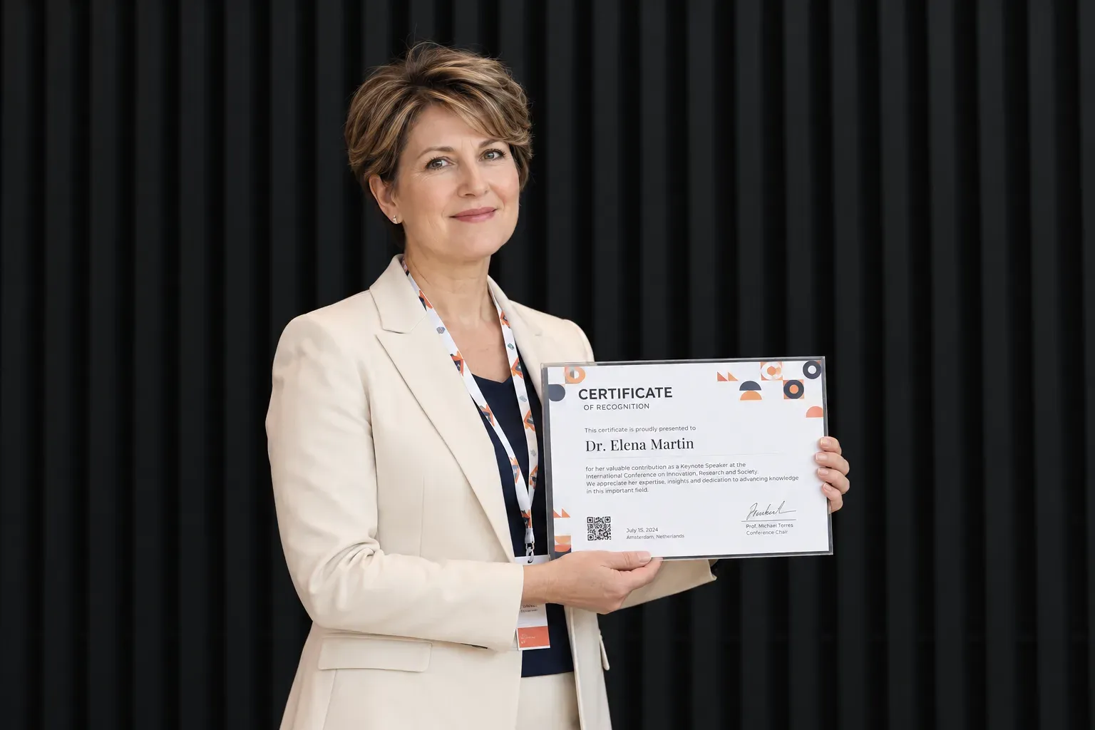 A presenter holding a certificate of recognition